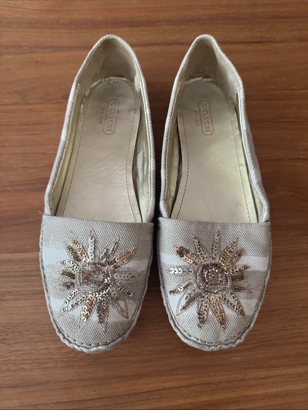 Coach Gold Sequin Sun Embellished Slip-On Flats